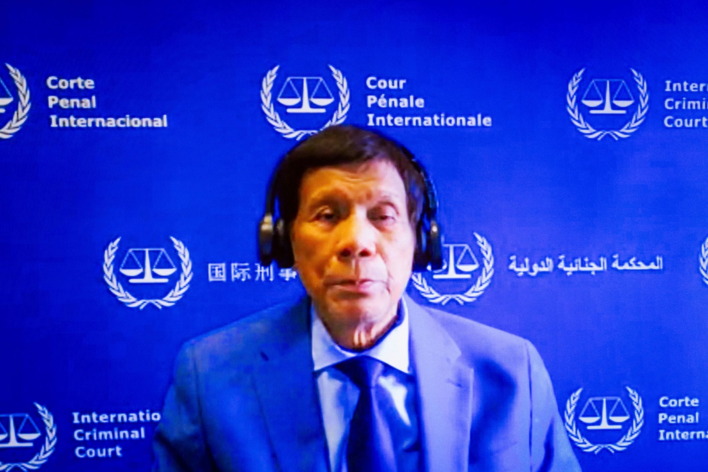 Former Philippine president Rodrigo Roa Duterte makes his initial appearance before the Pre-Trial Chamber I of the International Criminal Court on March 14, 2025. Handout/ICC